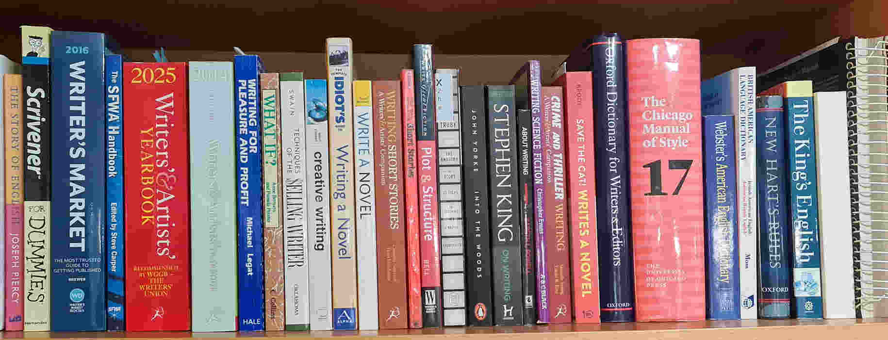 A bookshelf, filled with books on writing.