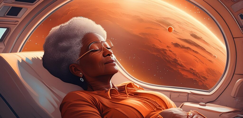 an elderly, dark-skinned lady astronaut is lying next to the viewport of her spacecraft. Her eyes are closed and she is at peace.