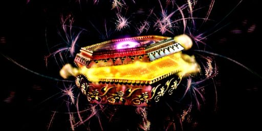 A richly-ornamented hexagonal box is half-open. A golden glow emanates from within and tendrils of mist obscure the contents.